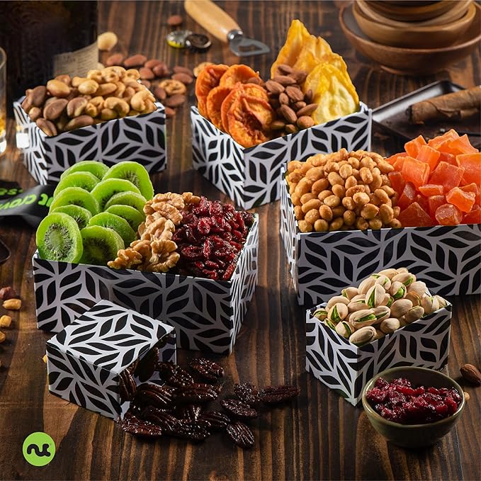 NUT CRAVINGS - Thanksgiving Dried Fruit & Mixed Nuts Gift Basket Leaf Tower + Ribbon (12 Assortments) Holiday Xmas Christmas Food Arrangement, Healthy Snack Care Package