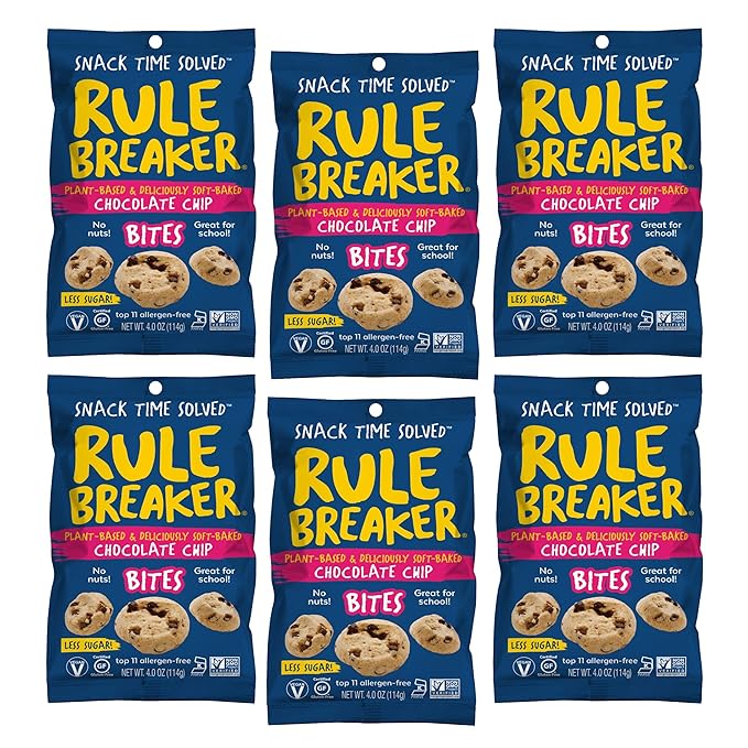 Rule Breaker Vegan & Gluten-Free Cookies | Chocolate Chip Bites | Plant-Based, Dairy, Nut, Soy, Allergen Free, Kosher | Great For School, Office, Pantry | Soft-Baked School Snacks for Kids and Adults (Pack of 6)