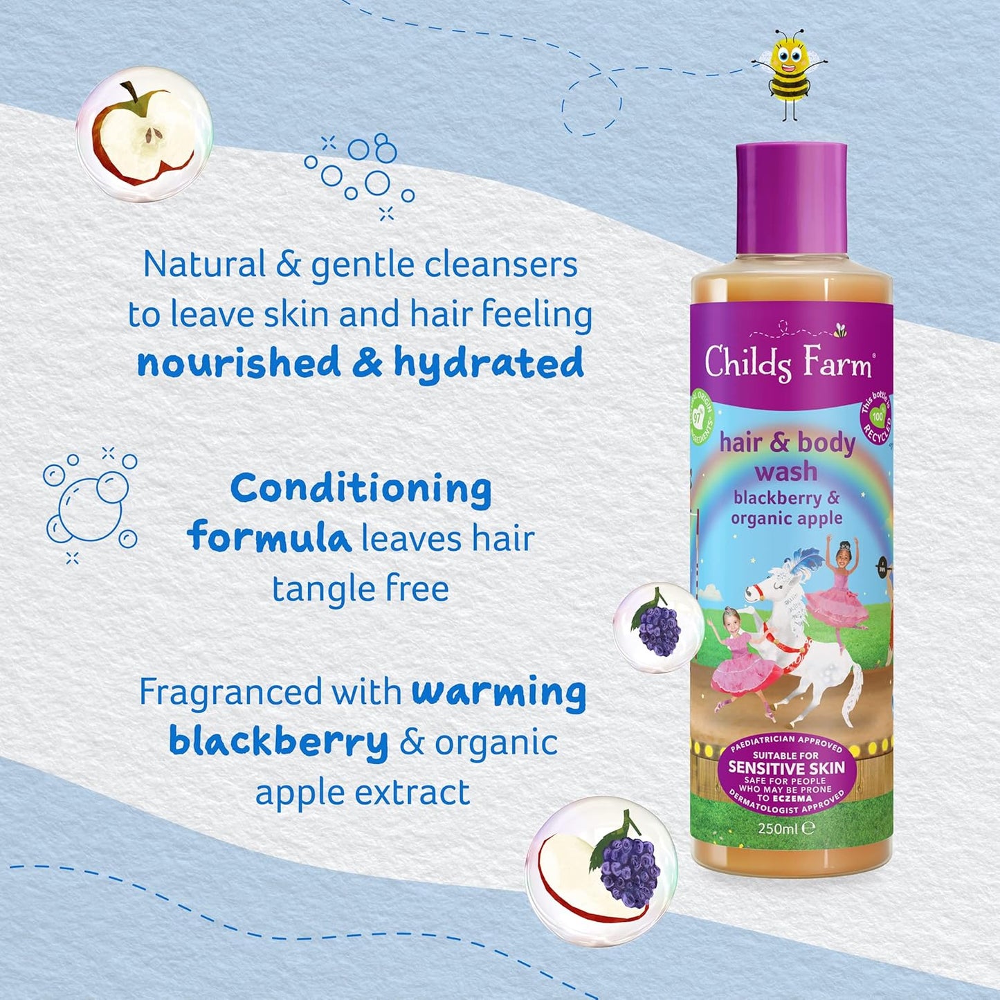 Childs Farm, Kids Hair & Body Wash for Dry, Sensitive Skin, Blackberry & Organic Apple, Gently Cleanses, Vegan, Cruelty-Free, 16.9 fl oz