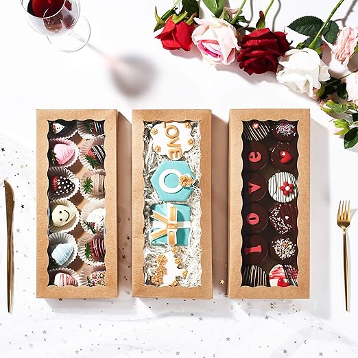 100PCS 12 x 5 x 1.5 inches Auto-Popup One Piece Premium Cookie Boxes, Mini Strawberry Boxes, Kraft Brown Bakery Box for Holiday Cookie Gift Sets