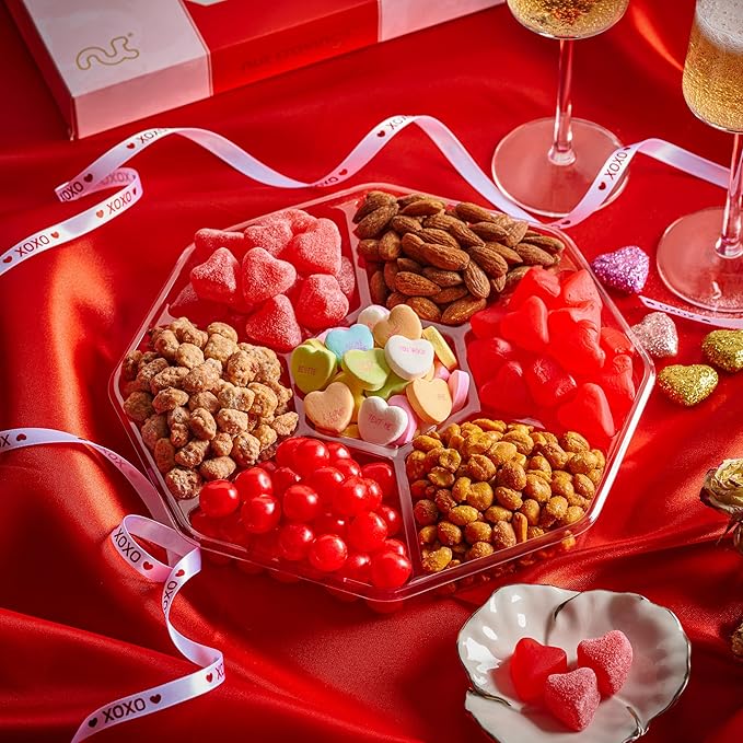 NUT CRAVINGS - Thanksgiving Mixed Nuts & Heart Candy Gift Basket in Red Gold Box (7 Assortments, 1 LB) Holiday Xmas Christmas Food Arrangement, Healthy Snack Care Package