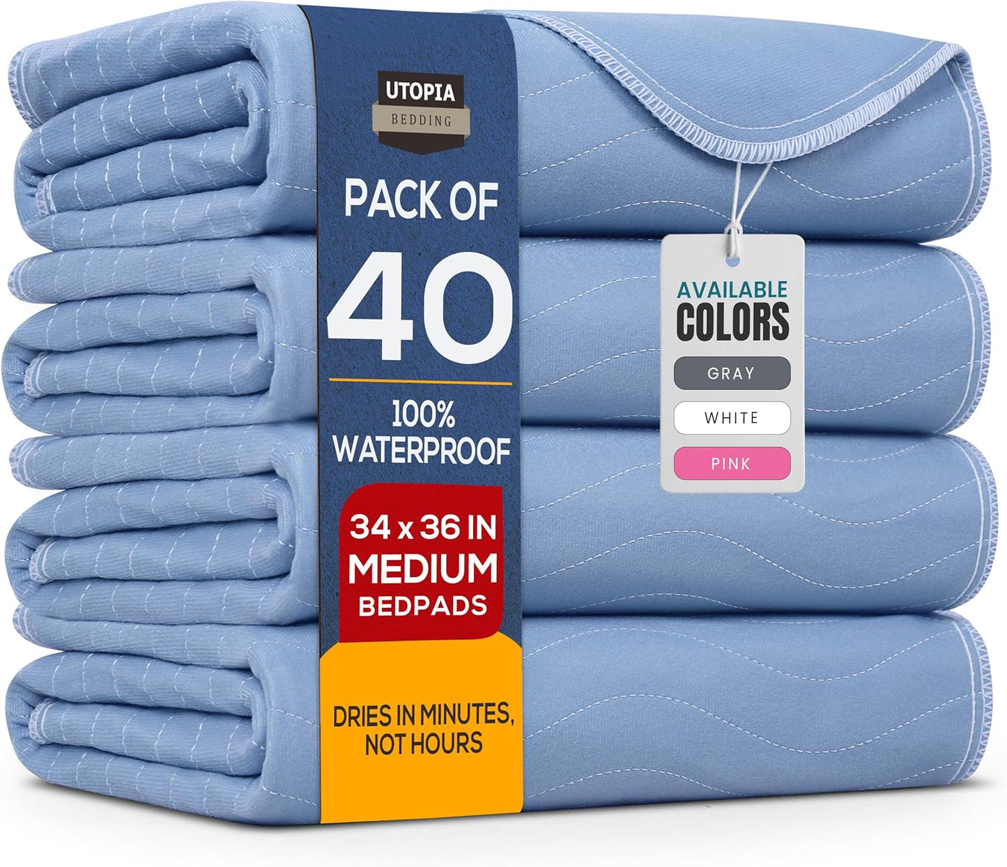 Utopia Bedding Waterproof Incontinence Bed Pads 34 x 36 Inches (Pack of 40, Blue), Washable and Reusable Underpads for Adults, Elderly and Pets, Absorbent Protective Pads