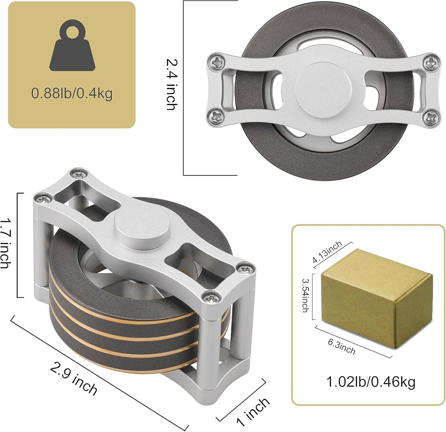 Brass Kinetic Spinning Top, Desk Fidget Toy for Adults, Stress Relief Toy for Office, Gray