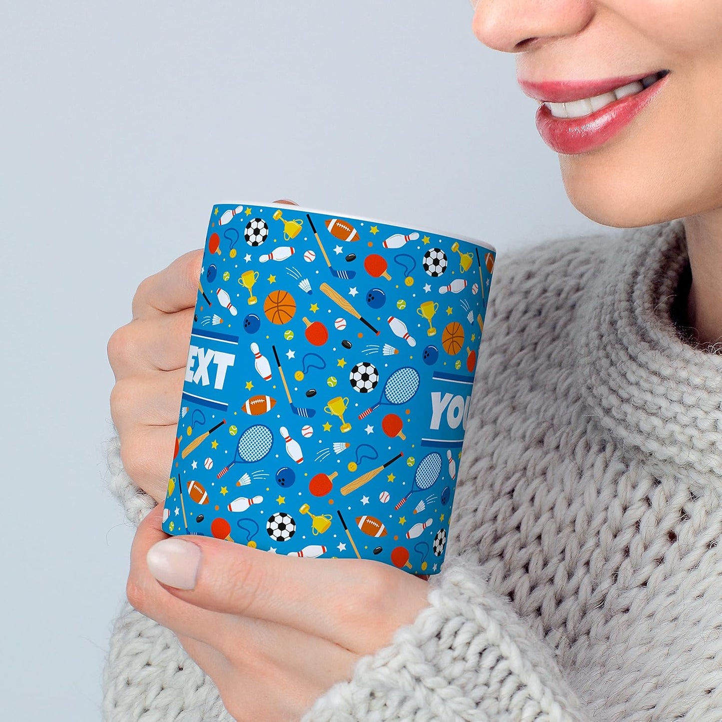 Personalized Mug for Kids - Sports - Custom Name/Text, Ceramic Hot Chocolate/Cocoa/Coffee Cup for Boys/Girls, Birthday/Christmas/Holiday Gift - 11 oz, Red Handle