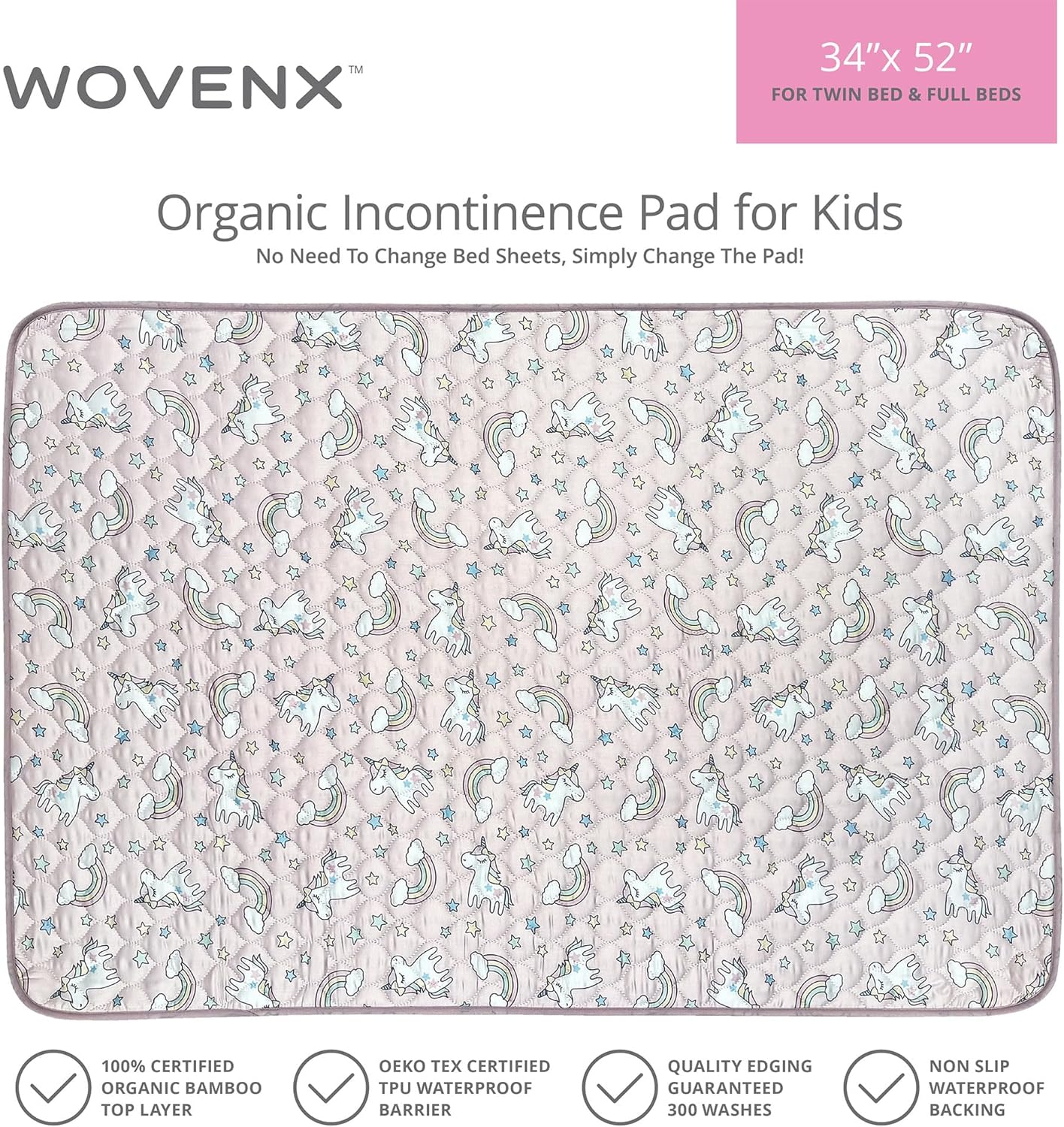 Organic Incontinence Pads for Kids & Toddlers - 5 Layer Waterproof Protectors for Overnight Bed Wetting - Reusable & Washable Pee Pads - Fits Twin to Full Size Beds - 34" x 52" Unicorn