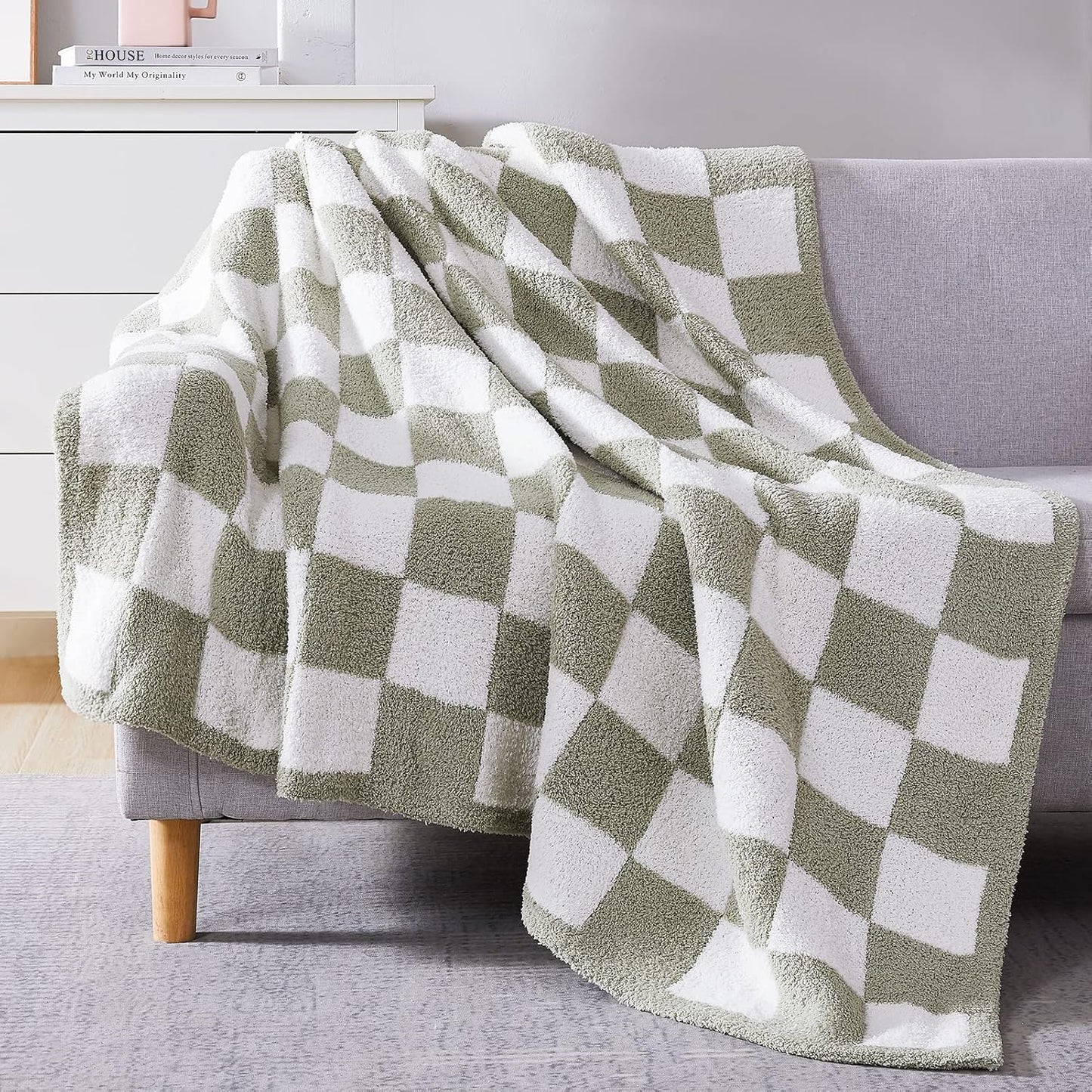 WRENSONGE Checkered Throw Blanket, Sage Green Soft Cozy Fluffy Warm Hand Made Throw Blankets for Couch, Sofa, Chair, Bed, Camping, Picnic, Travel Lightweight Bed Blanket - 60"*80"