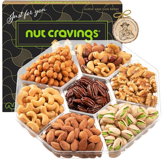 NUT CRAVINGS - Thanksgiving Mixed Nuts Gift Basket in Black Gold Box (7 Assortments, 1 LB) Holiday Xmas Christmas Food Arrangement, Healthy Snack Care Package, Food Assortments