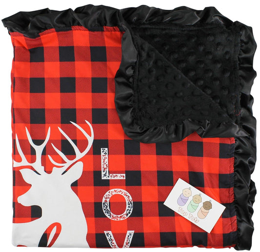Top Tots Baby Blanket - Minky, Deer with Text, White on Red and Black Plaid, with Black Ruffles