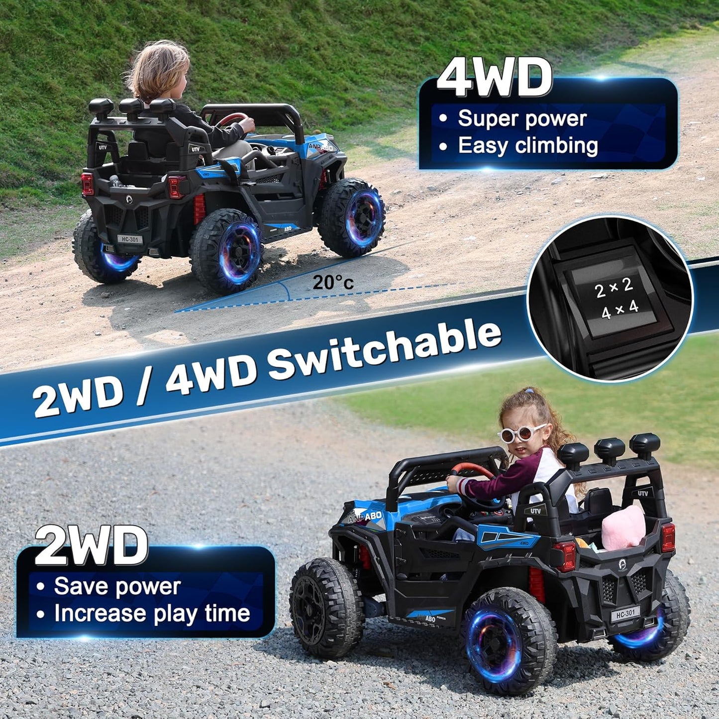 ANPABO 24V 4X4 Ride on Car Truck w/Remote Control, 4WD/2WD Switchable Kids UTV, 19" Spacious Seat, 4 Shock Absorbers, Soft Start, Music Player, Electric Car for Kids (Blue)