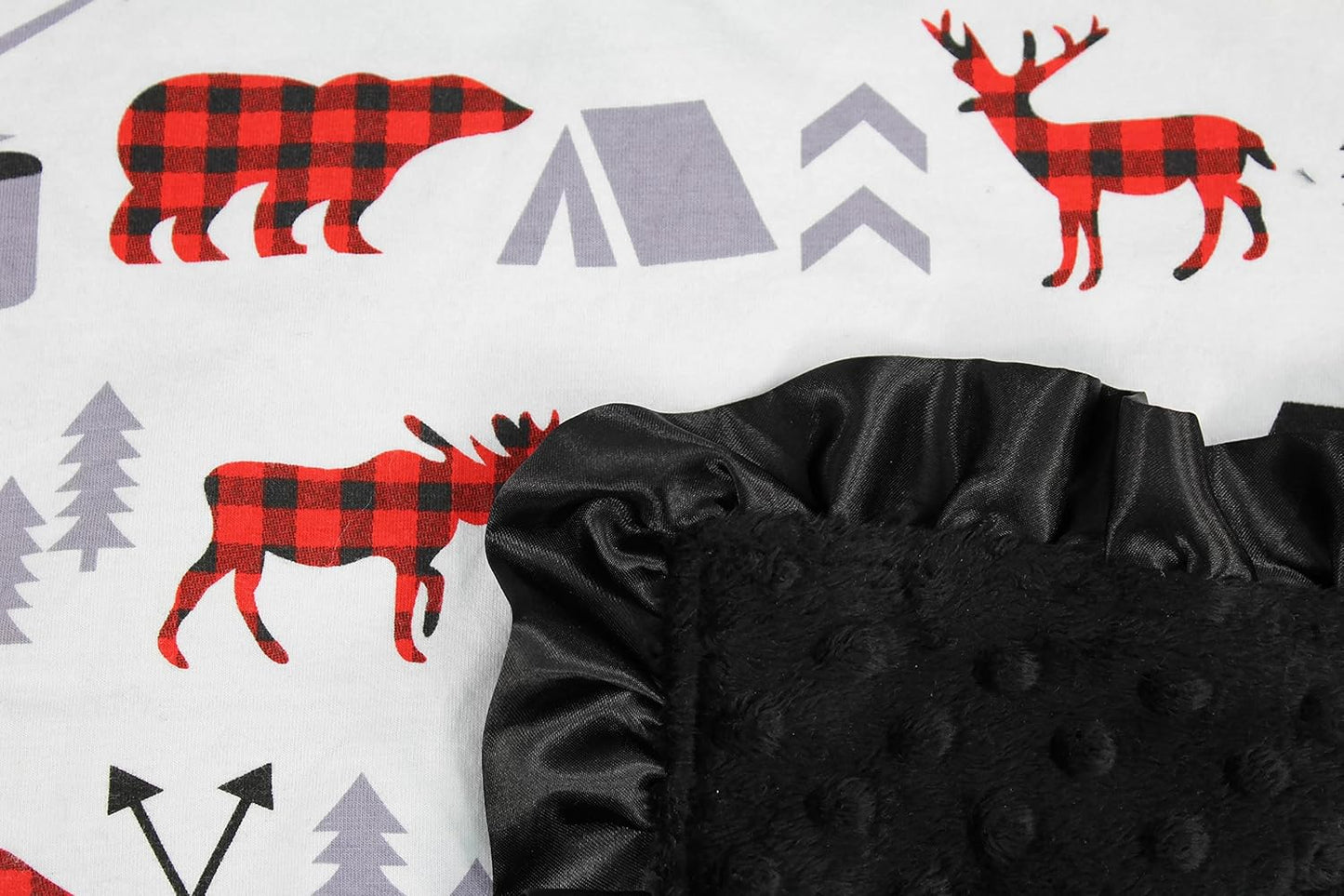 Dear Baby Gear Baby Blankets, Woodland Adventure Bear Moose Lumberjack Plaid, Minky Black, 32 Inches by 32 Inches