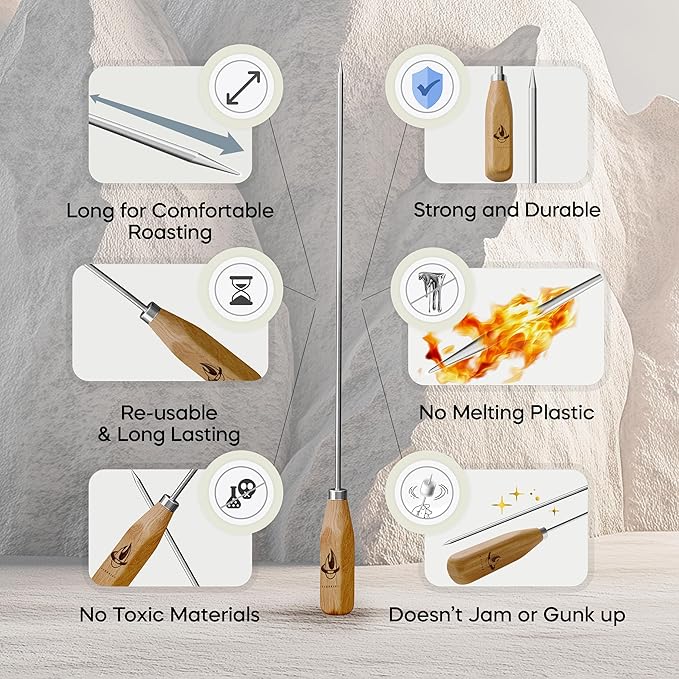 Marshmallow Sticks for Fire Pit - 34" Extra Long Roasting Smores Stick - Campfire Metal Skewers Roast Hot Dog Corn BBQ Utensil Holder Kit Outdoor Camping Accessories with Wooden Handle (10-Pack)