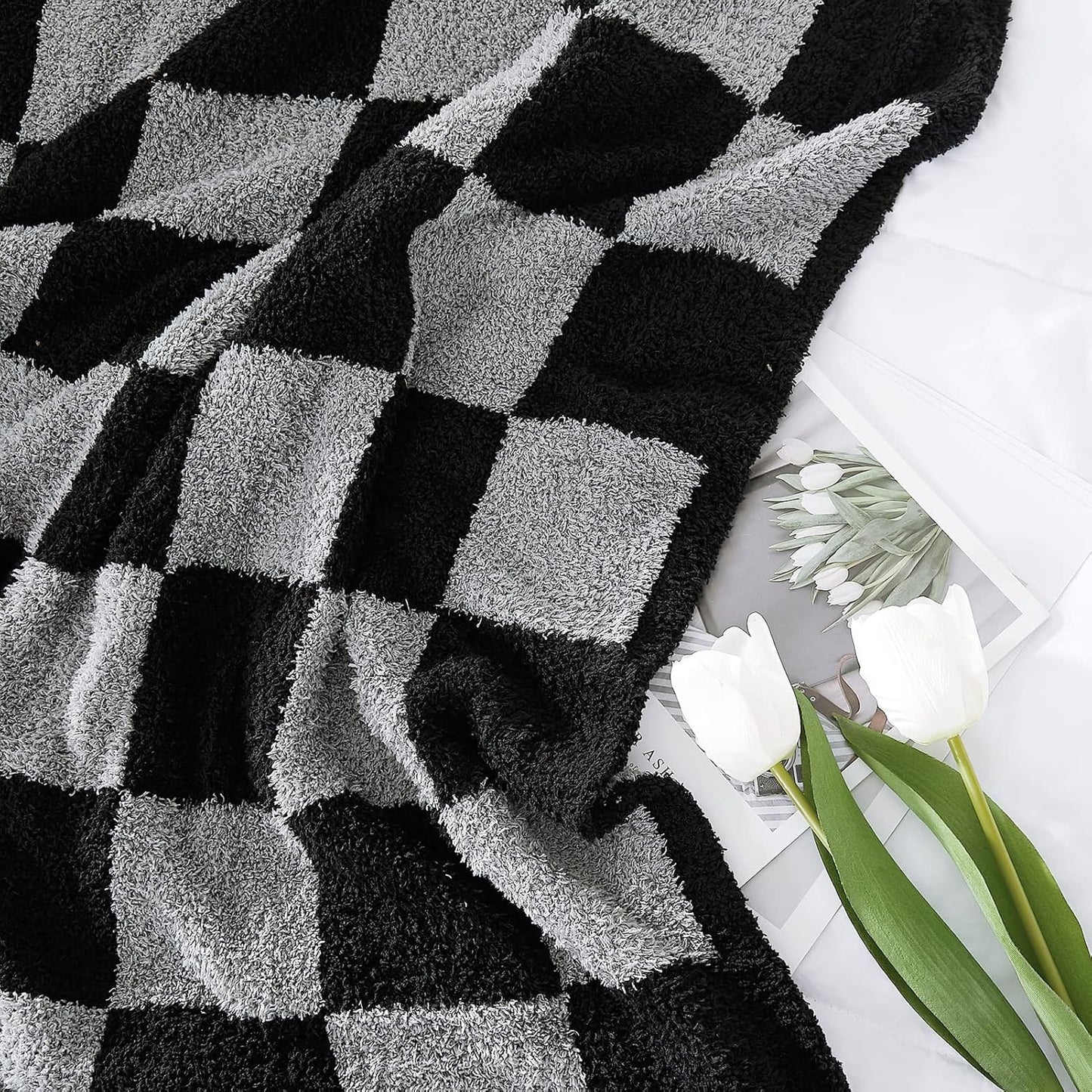WRENSONGE Checkered Throw Blanket, Black Grey Checkered Soft Cozy Fluffy Warm Hand Made Throw Blankets for Couch, Sofa, Chair, Bed, Picnic,Travel Lightweight Bed Blankets for Men