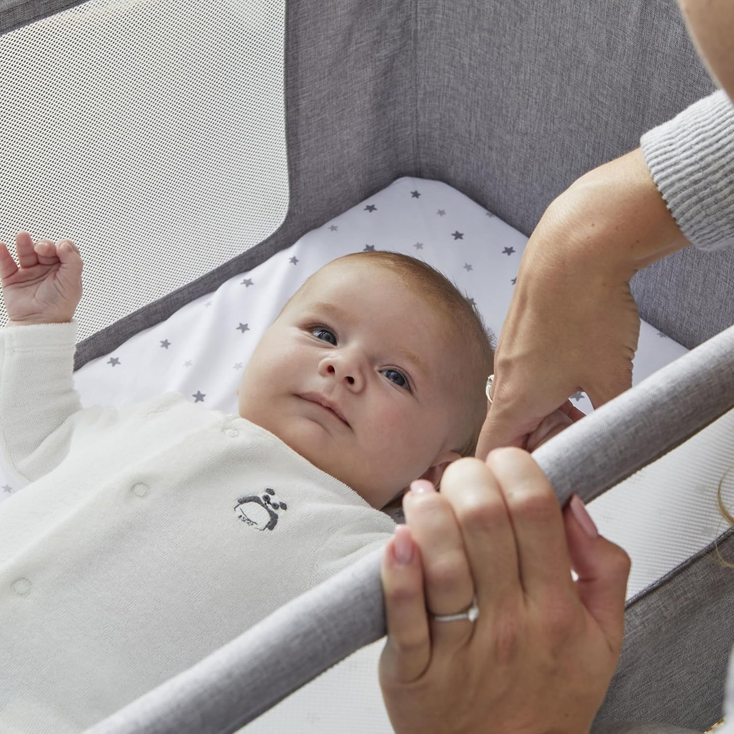 Air Lite Bedside Infant Crib | Breathable Mesh Sides, Drop-Down Panel, Reflux Incline, Adjustable Height, Compact Co-Sleeper Crib with Mattress - Grey