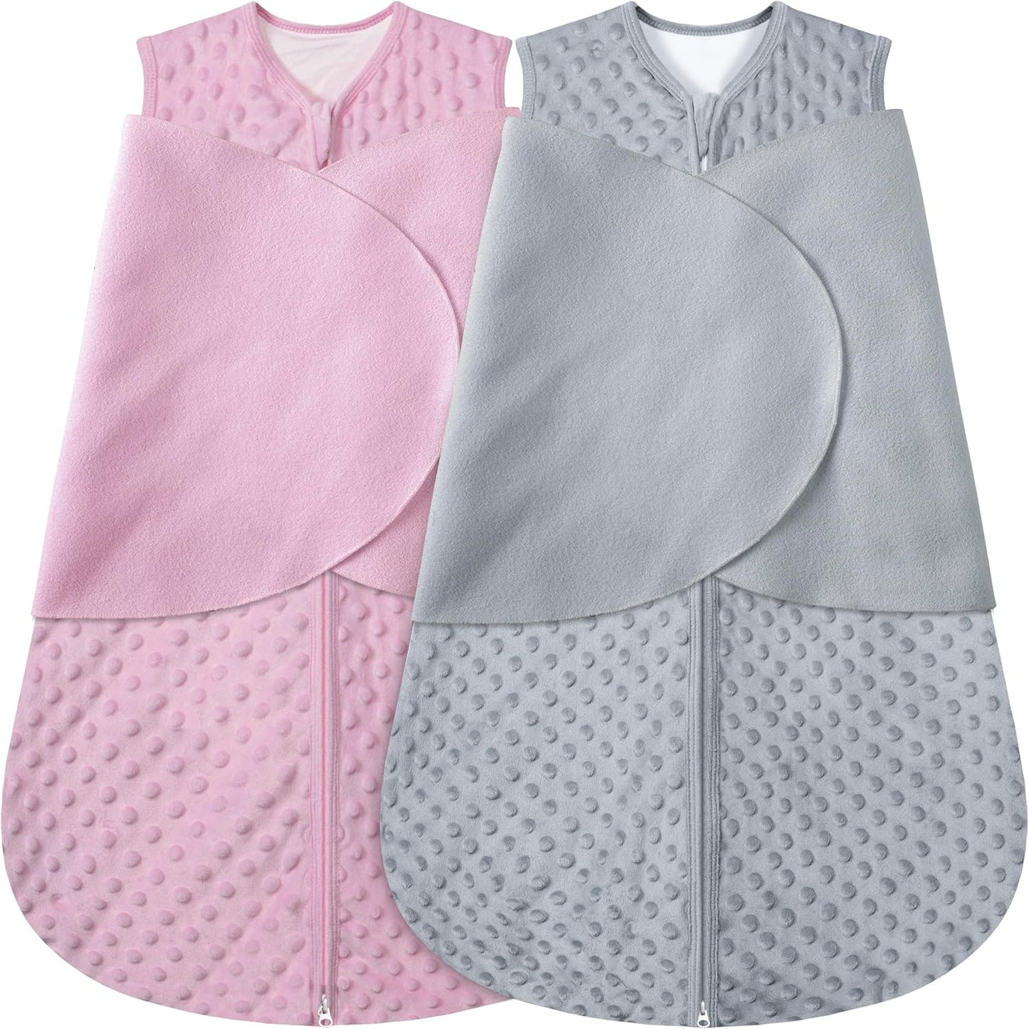 Fleece Newborn Sleep Sack Baby Swaddle,3-Way Adjustable Wearable Blanket,2 Pack Fleece Swaddling Sleeping Bag TOG 2.0， (Gray & Pink, 6-12 Months)