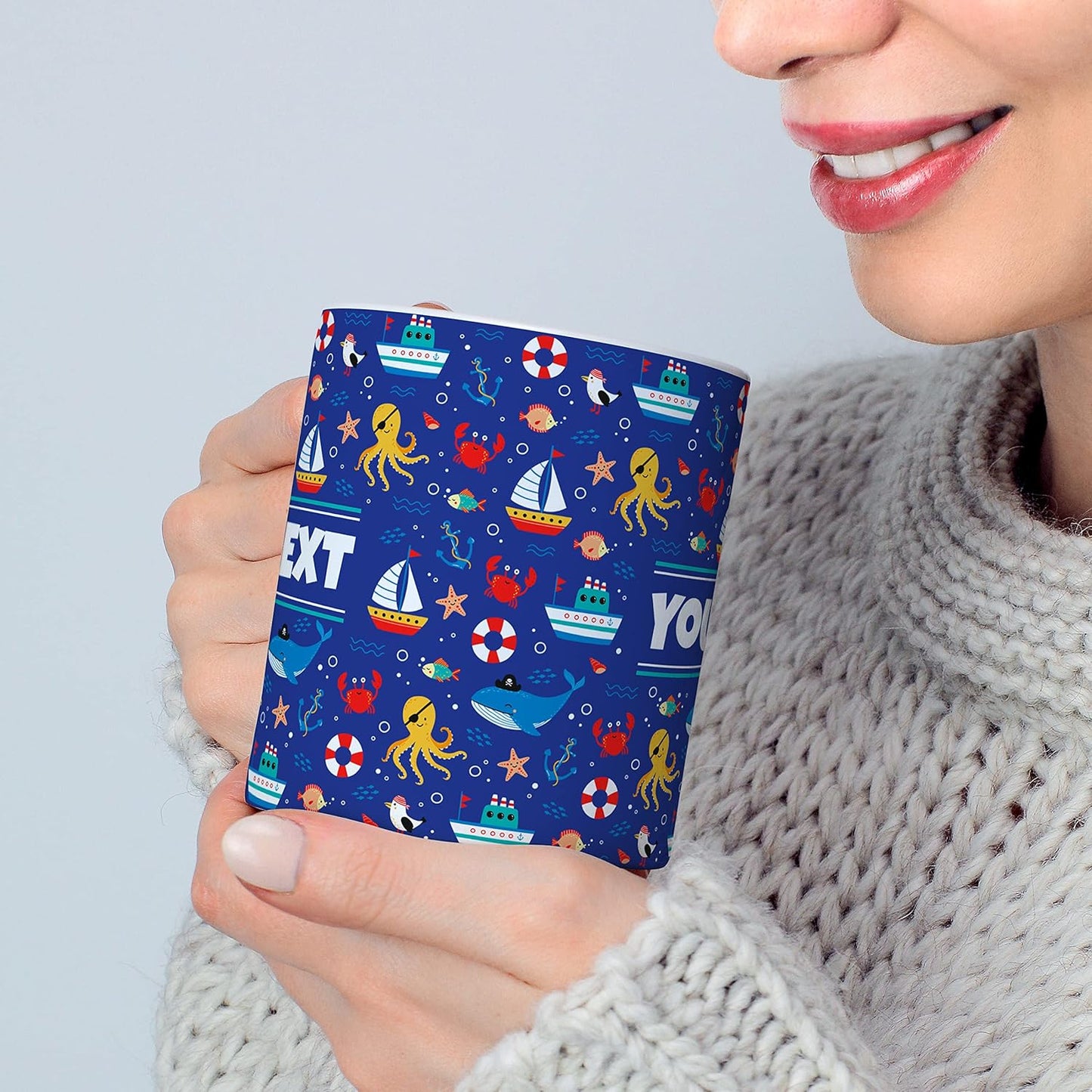 Personalized Mug for Kids - Nautical - Custom Name/Text, Ceramic Hot Chocolate/Cocoa/Coffee Cup for Boys/Girls, Birthday/Christmas/Holiday Gift - 15 oz, White Handle