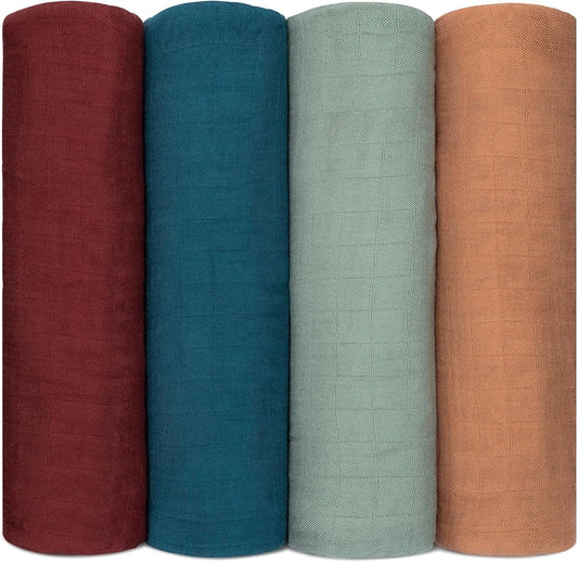 Comfy Cubs Muslin Swaddle Blankets Pack of 4, 47 x 47 Inches, Soft Cotton Baby Blanket Set, Large Multipurpose Swaddling Wraps for Newborns - Self-Soothing Swaddle - Wine, Neptune, Fern, Caramel